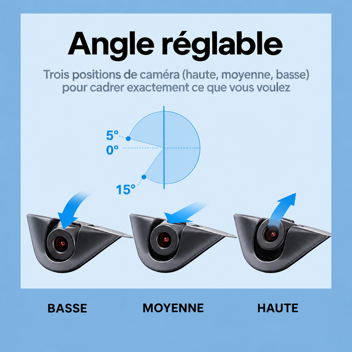 Angle de caméra réglable : basse, moyenne, haute