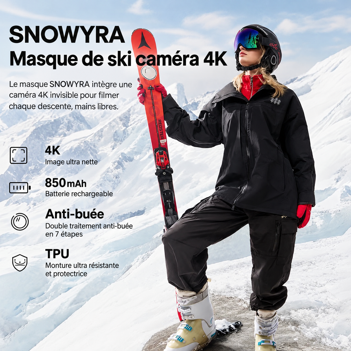 SNOWYRA masque de ski caméra 4K : image ultra nette, batterie 850 mAh, anti-buée, monture TPU